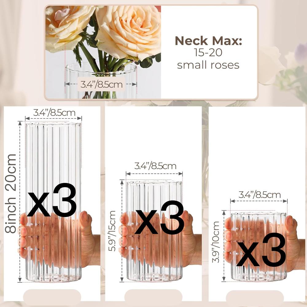 Glass Cylinder Vases Clear Ribbed Bud Vases for Centerpieces Weeding Decoration, 4 inch 6 Inch 10 Inch Tall Clear Flower Vases