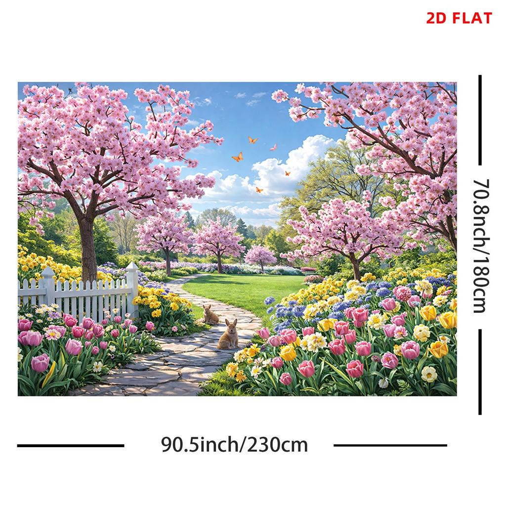2D plane 1 cherry tree bright flowers sunny garden stone path butterflies. Suitable for living room of the room.