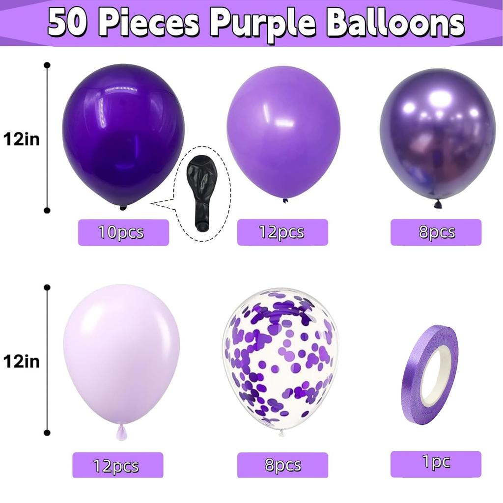 12inch 50pcs purple balloon with confetti latex balloon set, suitable for weddings, birthdays, themed parties, family gatherings