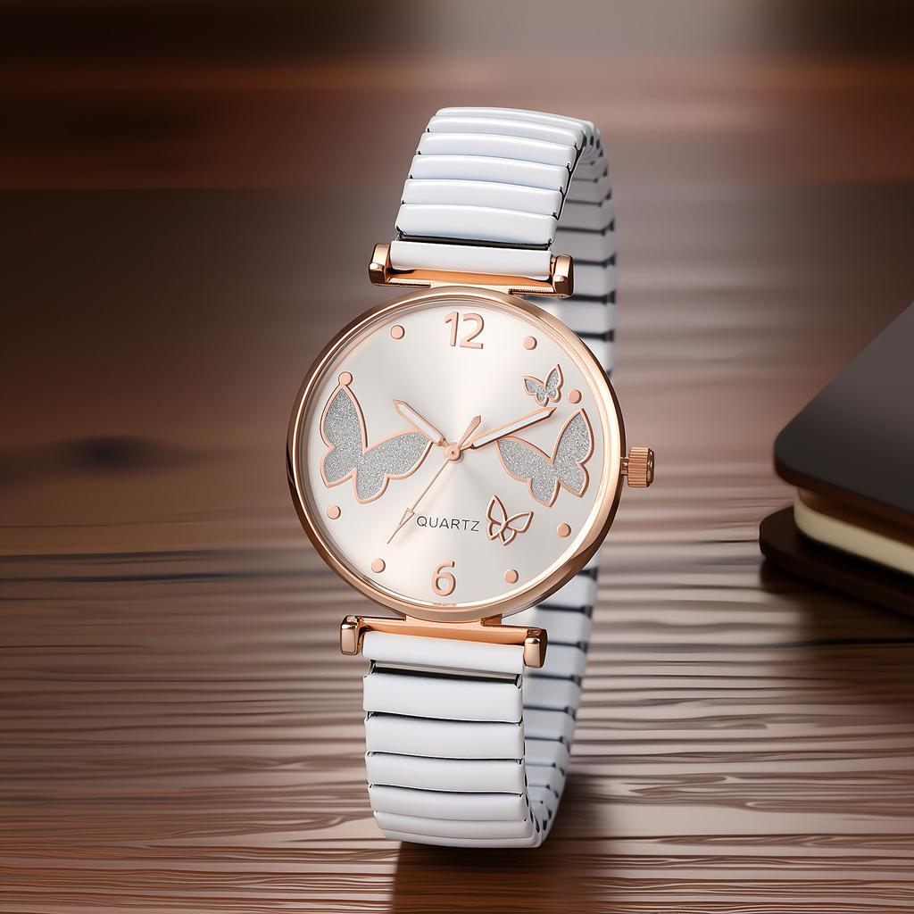Watch Butterfly Analog Stainless Steel Elastic Stretch Band Arabic Sunray Party Gift for White Friend Women's Charm Quartz, Sparkling, Bangle,