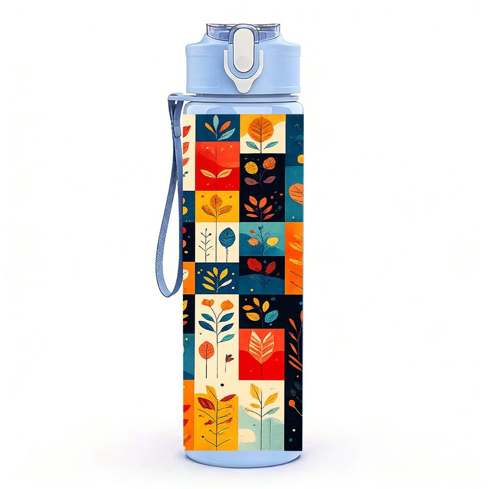 1PC Bright Geometric Patchwork Art Print 750ml Color Plastic Sports Water Bottle Leakproof Flip Straw Lid Suitable for Sports Office Home Use