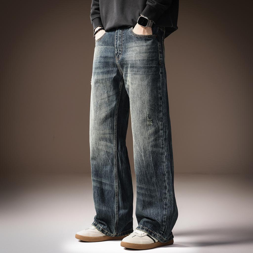 High-end American Retro Washed Straight Jeans Men's Autumn New Trend Simple Loose Versatile Micro-flared Pants