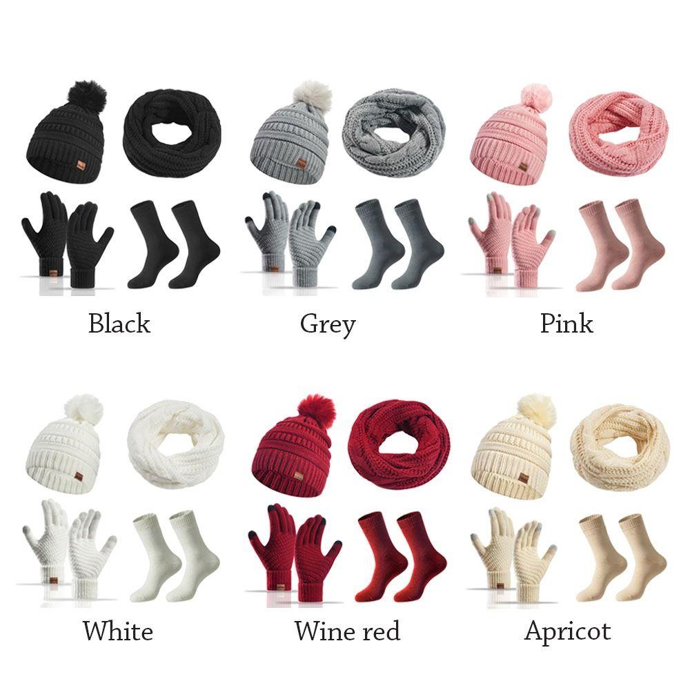 4 stk/sett Varmt kvinnesett lue skjerf hansker sokker Sett Ørebeskyttelse Berøringsskjermhansker for menn kvinner