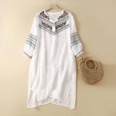 Literary Retro Ethnic Style Embroidery Loose Casual Slit V-neck Lightweight Linen Dress