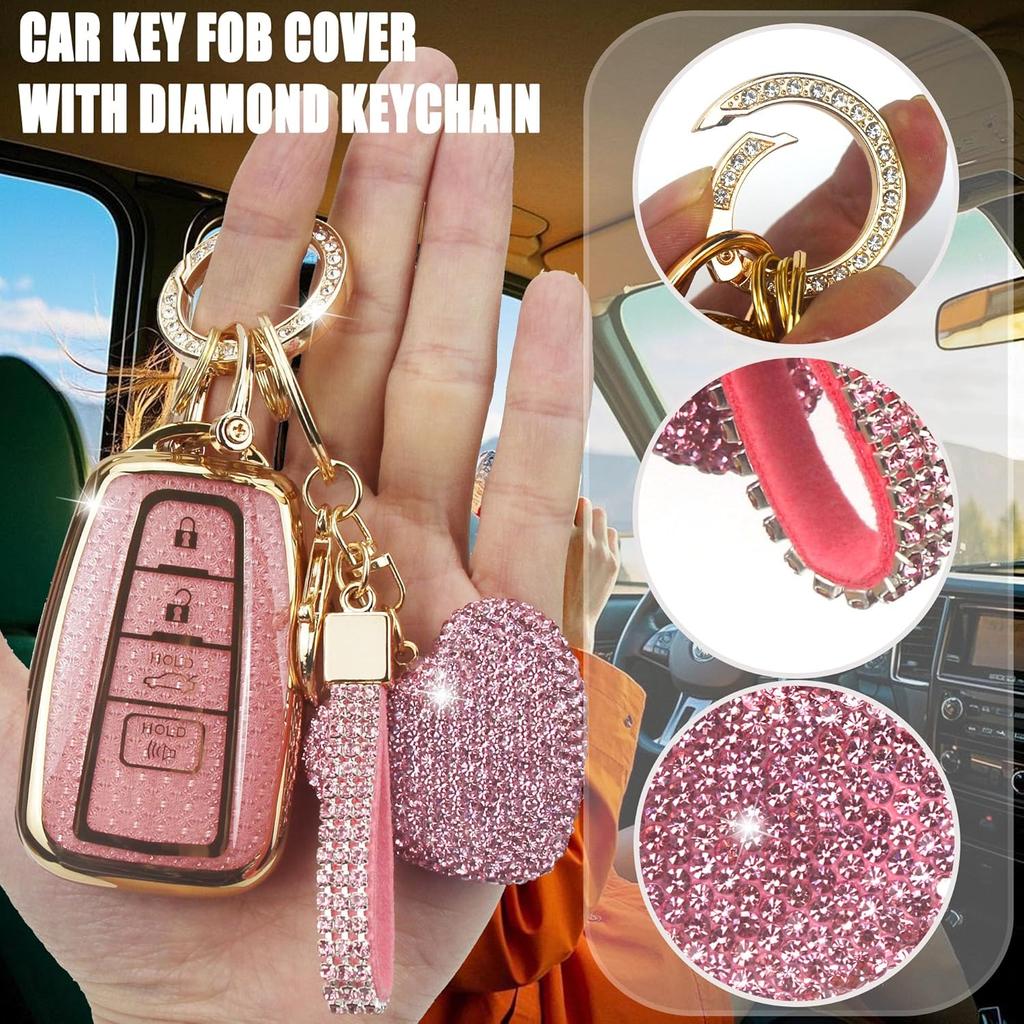 Key Fob Cover with Diamond Keychain for Toyota Car Key Shell Compatible with 2018-2024 Highlander RAV4 Camry Avalon C-HR Corolla GT86 Full Cover