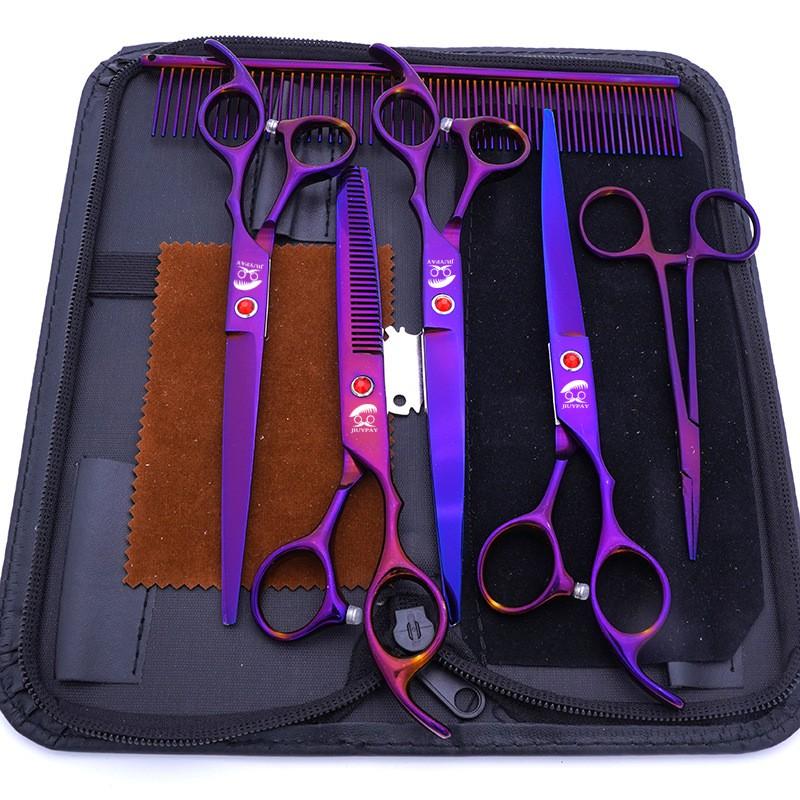 Set di forbici professionali per toelettatura animali domestici da 7 pollici in acciaio inossidabile per cani, incluse forbici dritte, curve, a lisca di pesce e tagliacapelli per orecchie