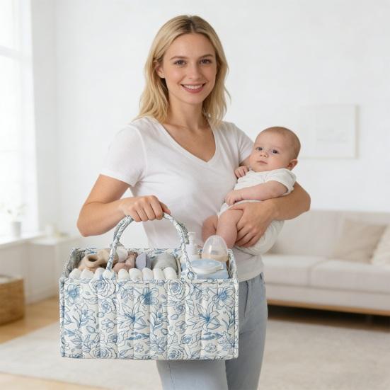 Cesta de Tecido Floral Acolchoada para Fraldas Cesto de Armazenamento Floral Porta-Fraldas Floral para Bebê com Alças e Divisórias Removíveis para Quarto de Bebê Carro Quarto Armazenamento