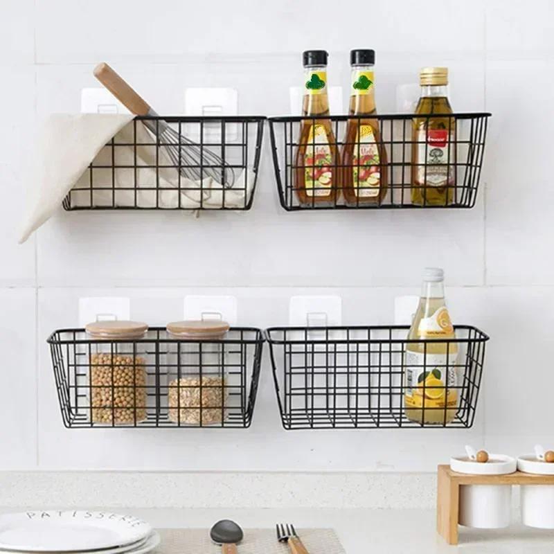 New Household Storage Wrought Iron Kitchen Seasoning Storage Basket Basket Rectangular Storage Box Wall Hanging Rack Accessories