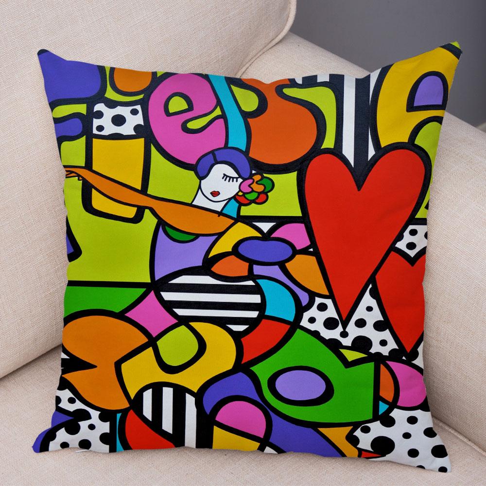 Geometric Cartoon Girl Colorful Abstract Art Drawing Pillowcase Sofa Cushion Cover Home Car Decor Home Decor