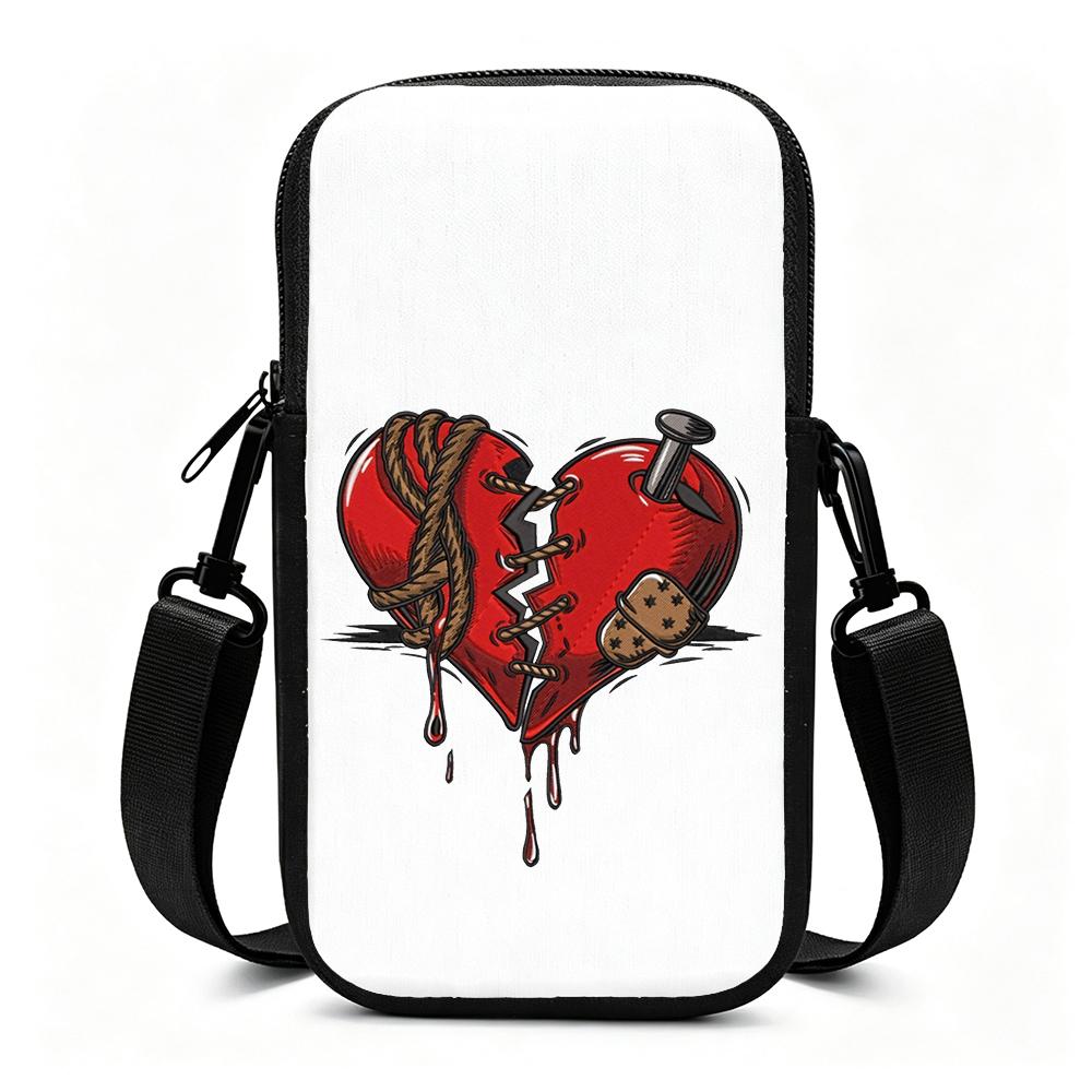 Gothic Stitched Broken Heart Graphic Crossbody Phone Bag, Punk Style PU Leather Cell Phone Sling Purse, Trendy Holiday Gift Aesthetic Shoulder Bag for