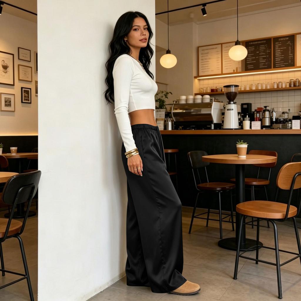 Women's High Waist Wide Leg Pants Loose Fit Casual Trousers Lightweight Flowing Fabric Elastic Waistband with Drawstring