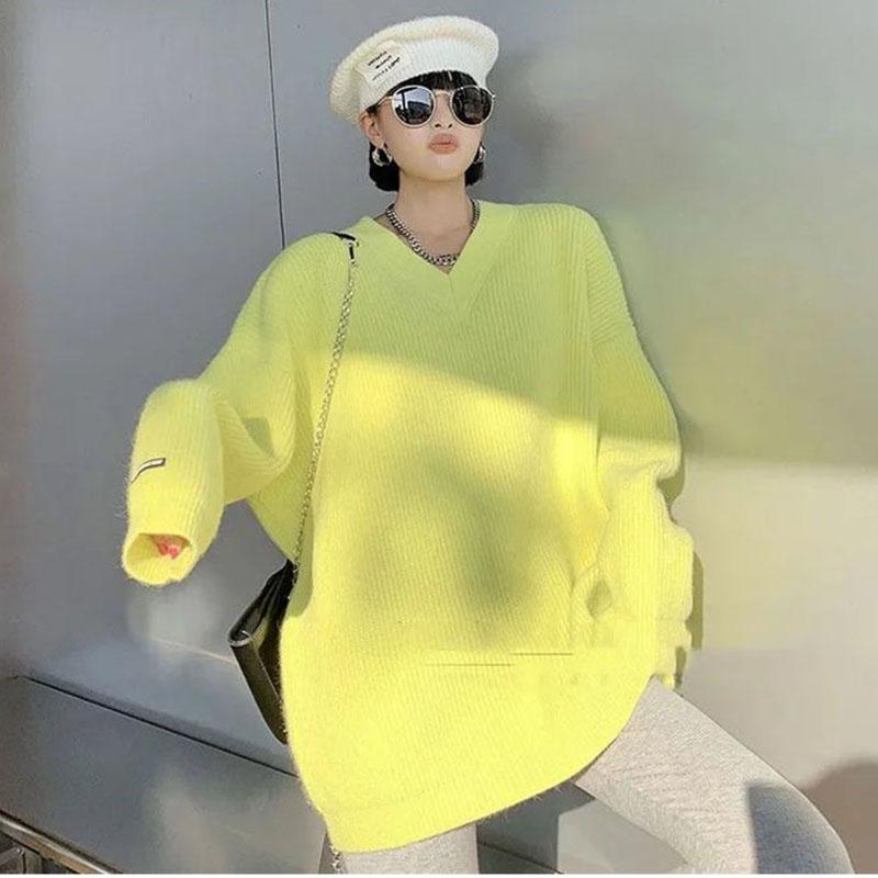 

WTEMPO Теплые женские толстые свитера с V-образным вырезом Y2K Свободные однотонные трикотажные пуловеры с длинным рукавом Большие размеры Повседневные джемперы L