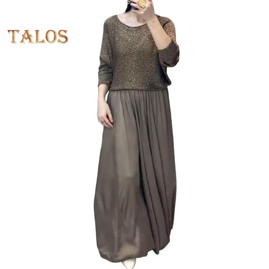 

Женский комплект из двух частей: юбка, блестящий топ с круглым вырезом и длинными рукавами, а также юбка-макси А-силуэта с высокой талией, повседневный блестящий наряд M золотистый