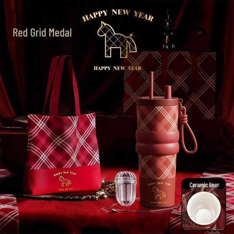 Shangqi Red Grid Ceramic Lined Insulated Straw Cup