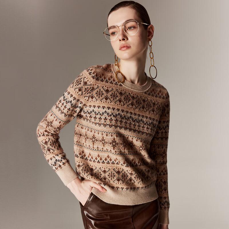 Paluo Women's Retro Fair Isle Jacquard Cashmere Round Neck Sweater