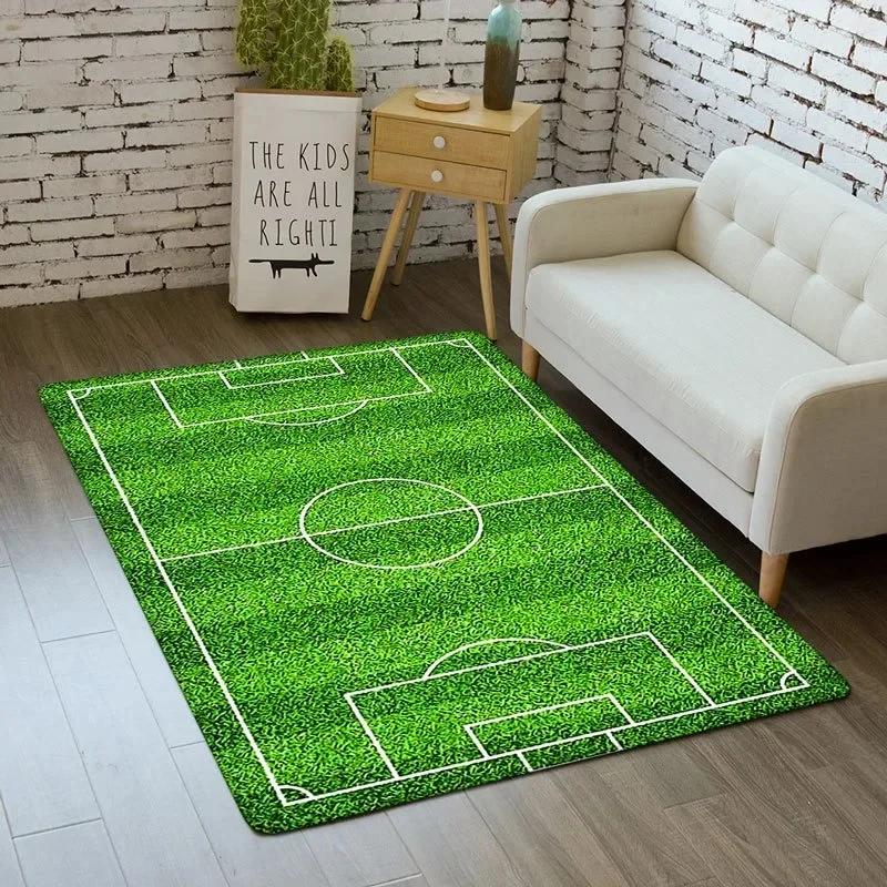 Sporty Football Pitch Floor Mat Non-Slip Washable Carpet for Living Room or Boy's Bedroom Vibrant Rug for Sofa Area Decor