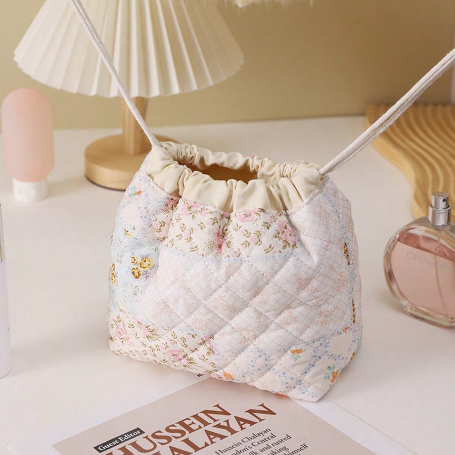 Drawstring Cosmetic Bag With Embossed Print, Large Capacity Drawstring Cosmetic Bag