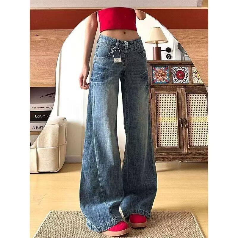 Washed Distressed Micro-Flare 2026 Retro High-Waisted Wide-Leg Jeans 3XL