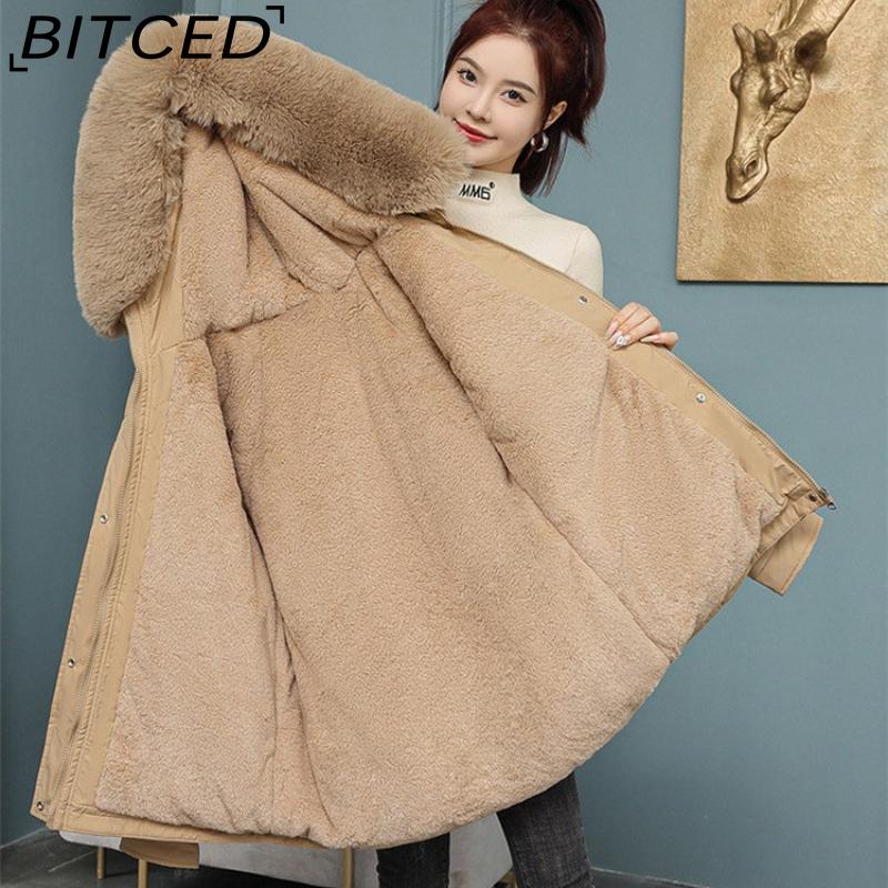 BITCED Women's Fleece-Lined Thickened Puffer Coat - Short Winter Style with Large Fur Collar, Slim-Fit and Flattering Cotton-Blend Outerwear