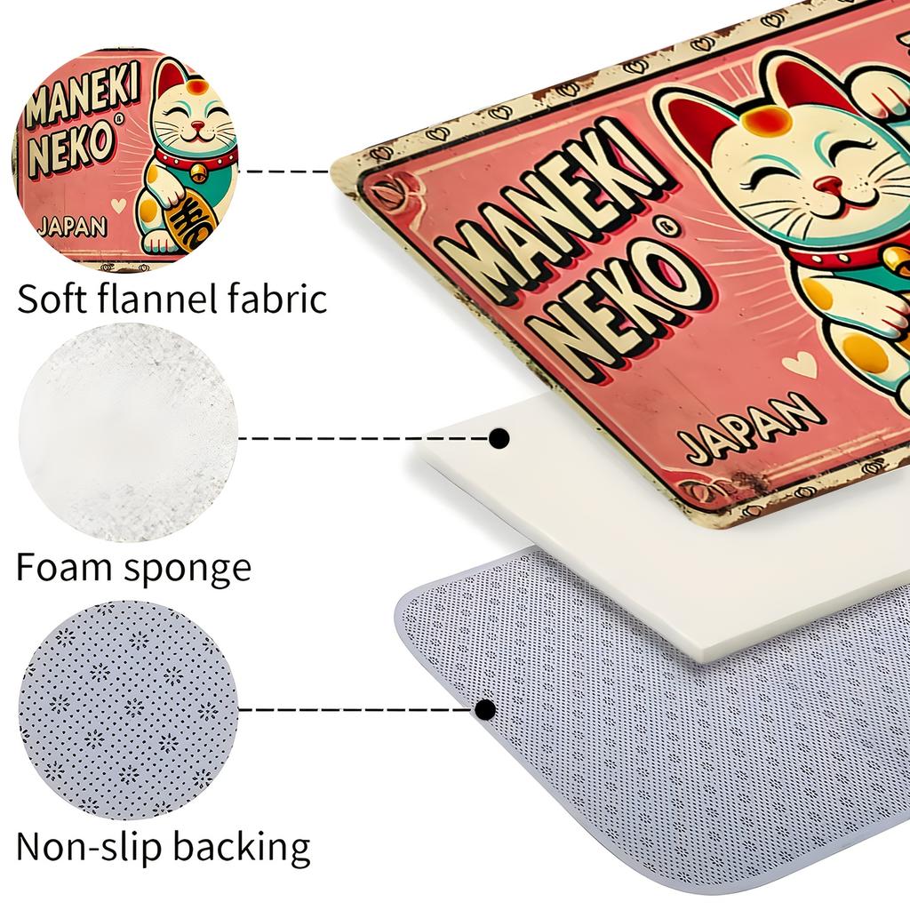 Lucky Maneki Neko Flannel Doormat, Japanese Style Non-Slip Mat, Machine Washable Decor for Home Office Entrance