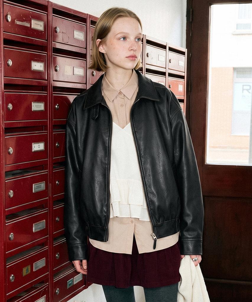 SINOON Shirred Leather Blouson Jacket (Black)