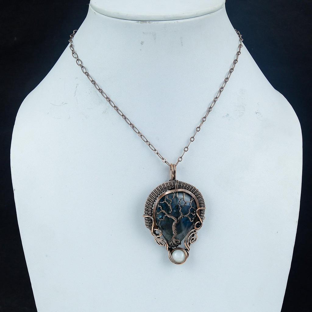 Baum des Lebens Labradorit Anhänger, Handgefertigter Edelstein 999 Kupferdraht Umwickelter Anhänger Antikschmuck, Zum Geschenk Silberschmuck