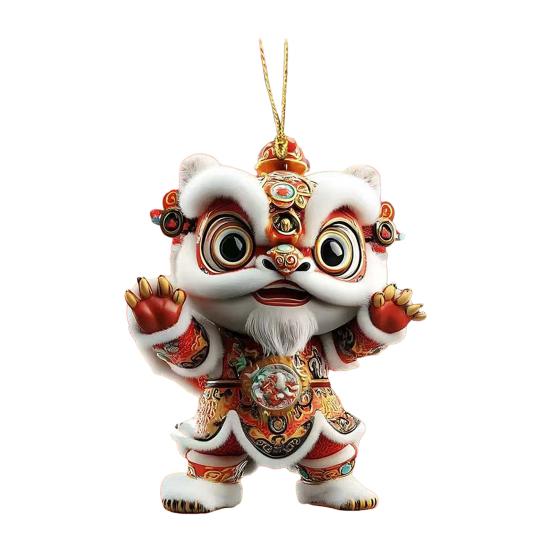 Car Pendant with Metal Chain Lion Dance Design Plush Fabric Car Charm Keychain Bag Accessory Good Fortune Decoration