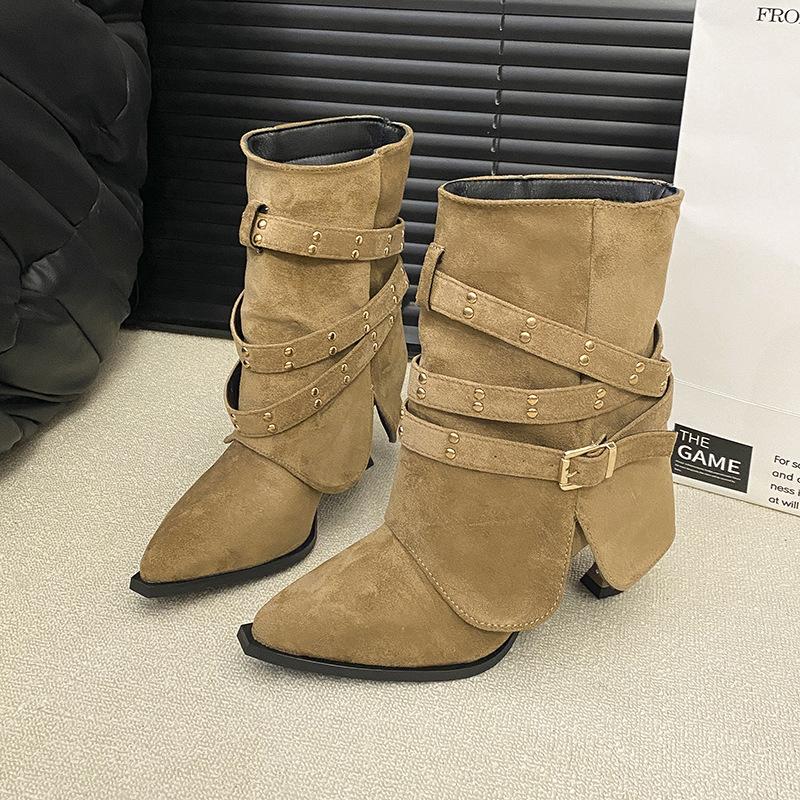 

Temperament Spice Girls Niche Pants Boots Women s Belt Buckle 2025 New High Heel Boots Pointed Rivets Short Boots Skinny Single Boots 40 хаки