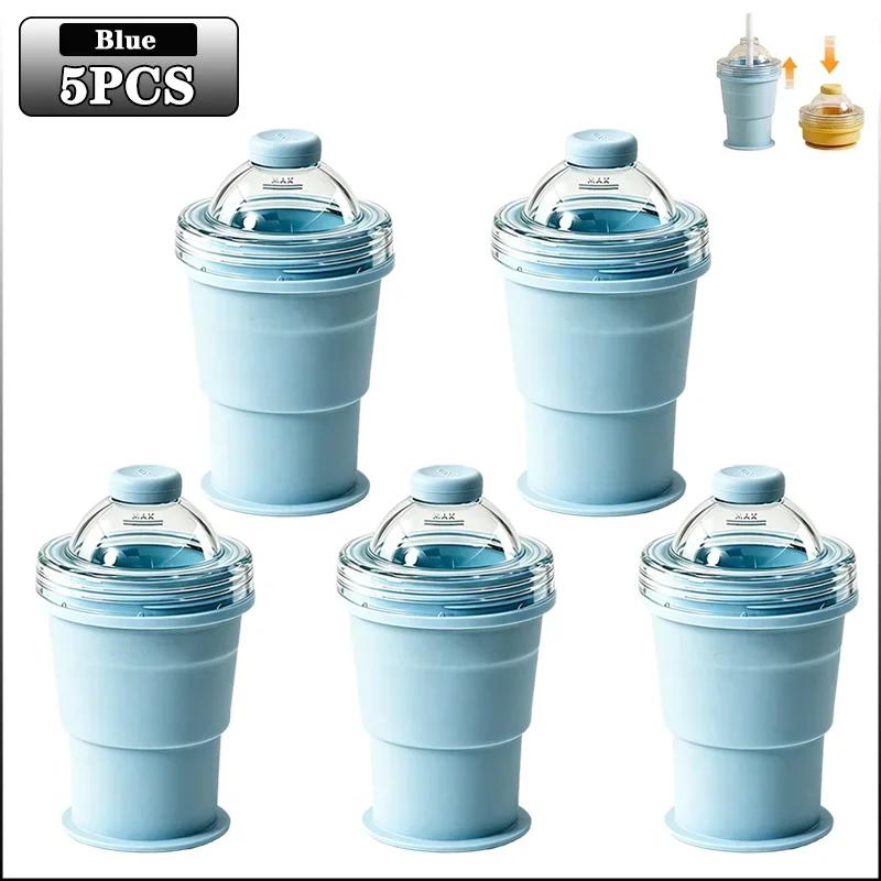 Silicone Folding Straw Cup with Ice Cube Mold Summer Collapsible Travel Cup Bottle Built-in Ice Ball Mold 2in1 Portable Amagi