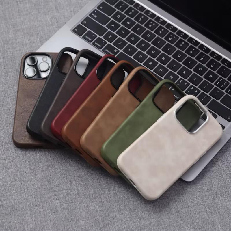Retro Crazy Horse Leather MagSafe Phone Case For iPhone 16 Pro 15 14 13 12 17 Pro Max Simple Leather Texture Magnetic Phone Case