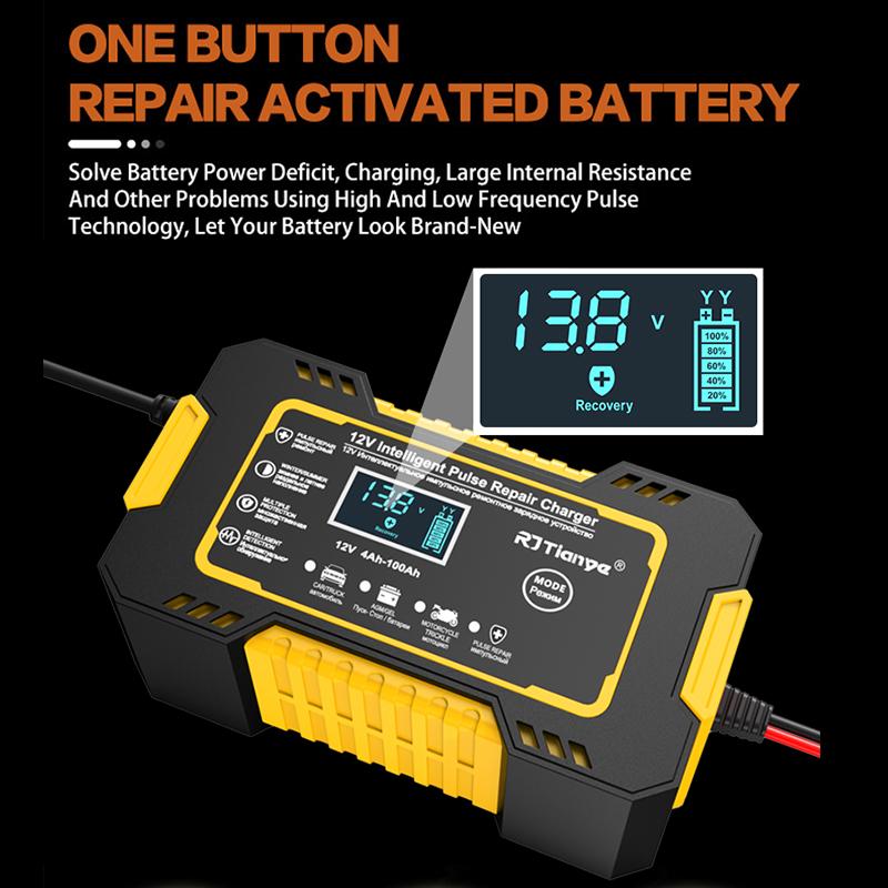 Car Battery Charger 12V 6A Touch Screen Pulse Repair LCD For Auto Moto Fast Power Charging Wet Dry Lead Acid Digital LCD Display