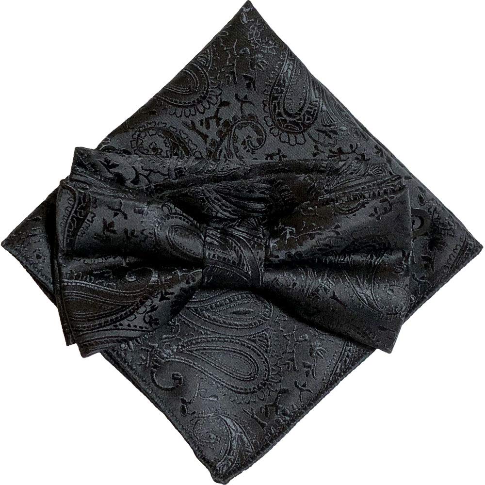 Black Paisley [Bow Tie & Pocket Square] 2-Piece Set for Men - One-Touch Closure - Casual & Formal - Black