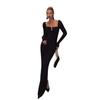 Women's clothing early spring temperament solid color tight slim square neck long sleeve fashion thin long dress