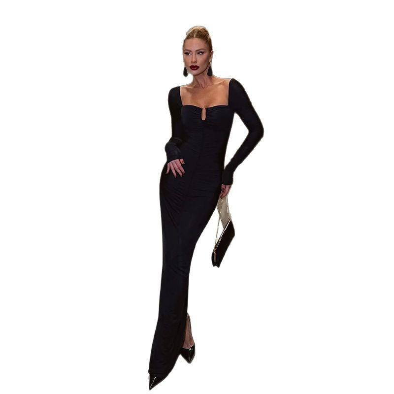 Women's clothing early spring temperament solid color tight slim square neck long sleeve fashion thin long dress