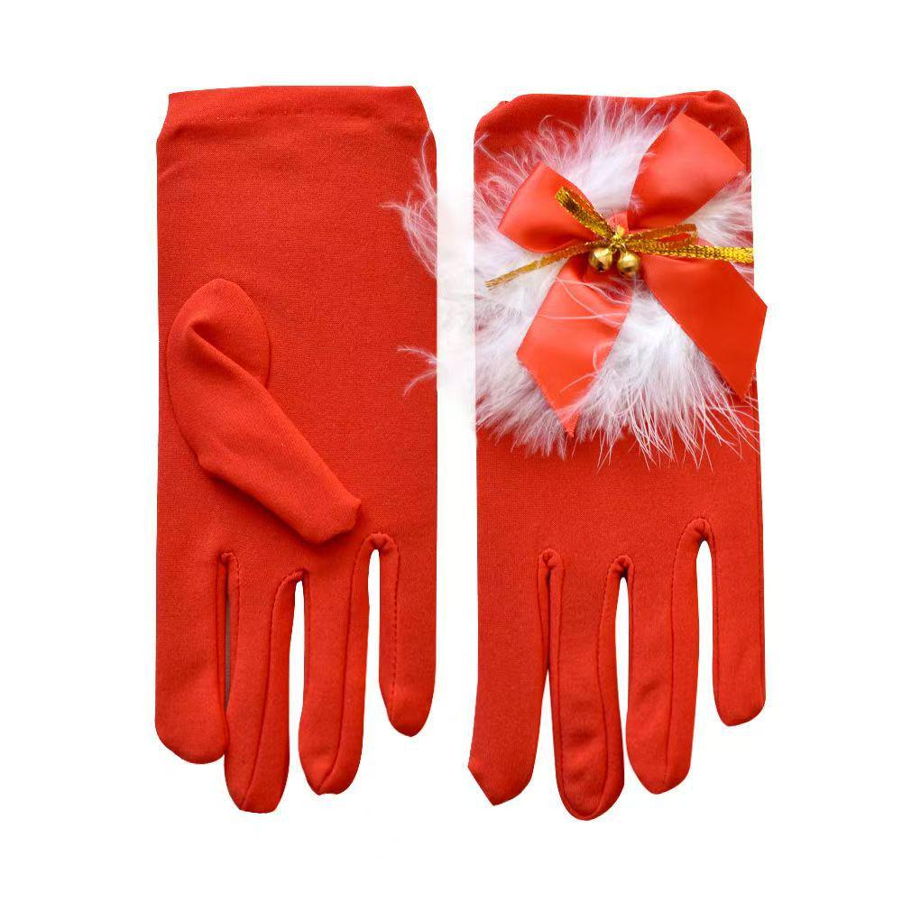 Children's Holiday Party Plush Bow Cosplay Gloves with Jingle Bells