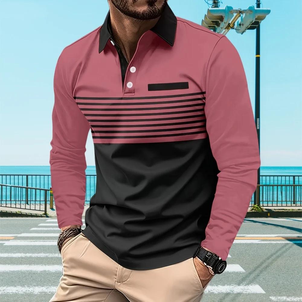 Mens Polo Shirts 3D Stripe Colorblock Print Fashion Sports Lapel Golf T-Shirt Men Tops Casual Long Sleeve T-Shirt Man Clothes