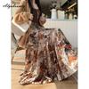 Herbst Frühling Damen Plissee Midi Rock Elastischer Bund Kontrastfarbe Blumendruck Eleganter Rock Feminin Vintage Maxi Lang Damenrock