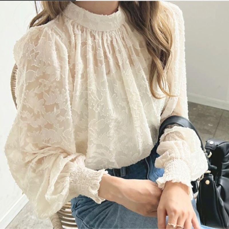 Fall Standing Collar Plus Size Loose Work Clothing Bubble Long Sleeve Chiffon Shirt Lace Tops Sun Protection Clothing Air Conditioning Shirt for Women