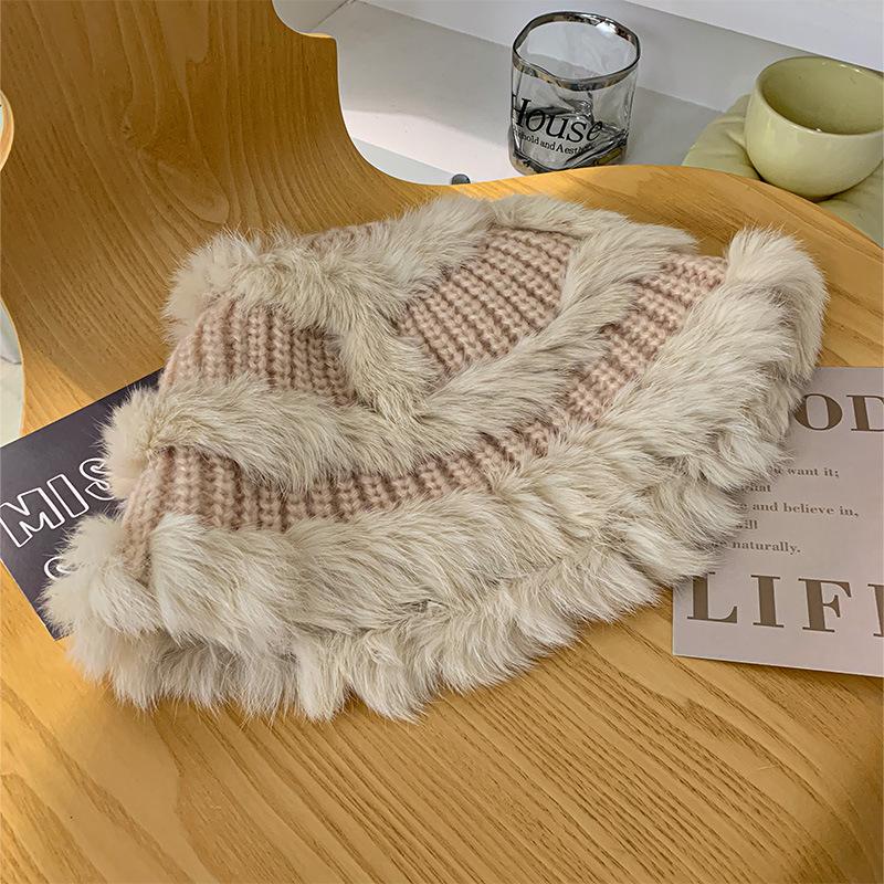Rabbit fur knitted plush hat women's autumn and winter warm plush hat big head circumference showing face small bucket hat wool hat tide
