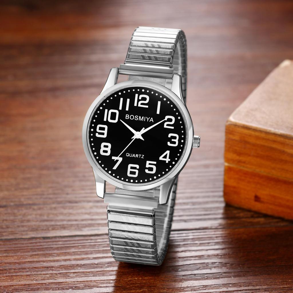 Men's Watch Silver Simple Free Size Analog Display Couple Watch Quartz Fashion Accessory