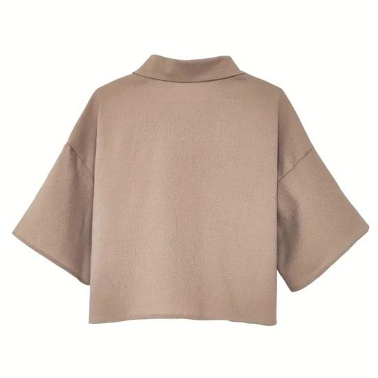 Camicia da Donna con Collo a Revers Manica Corta Top Corti Tipo Monopetto Casual con Tasca a Toppa
