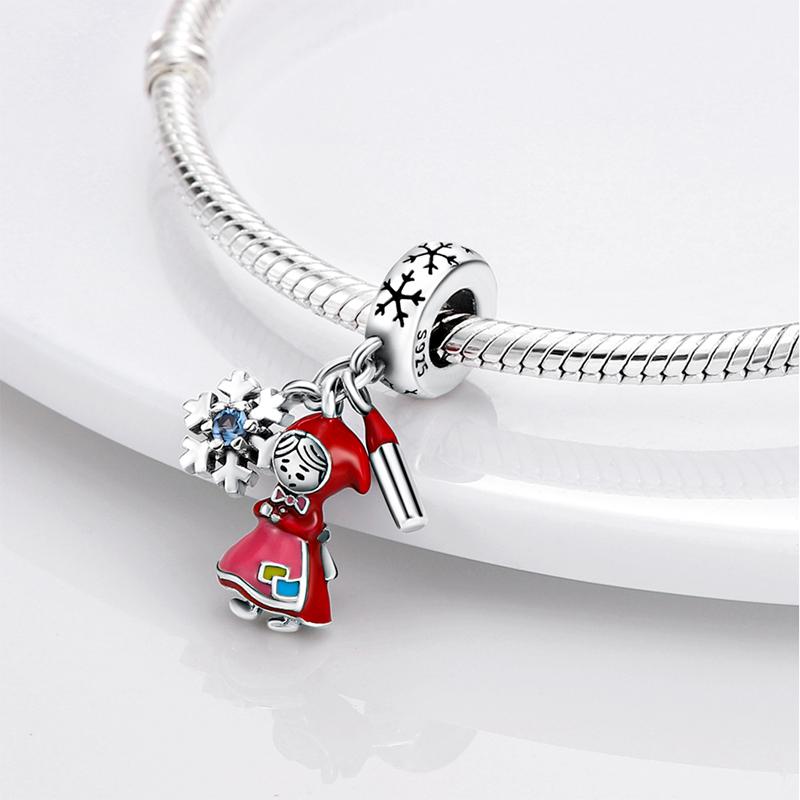 Charms Copper Winter Snowflake Red Girl Match Pendants Fit Charms Plata Original Bracelet Beads Women Jewellery Making