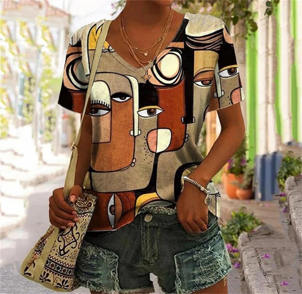 T-shirt con Volto Astratto Tasca Finta Stampa 3D T-shirt da Donna Scollo a V Manica Corta T-shirt Casual Y2K Top Harajuku Abbigliamento Femminile