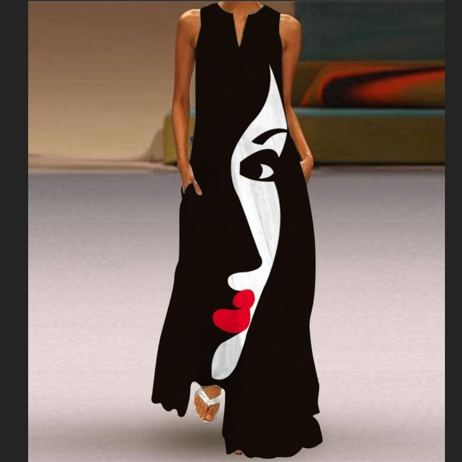 

Летнее женское длинное платье без рукавов с V-образным вырезом и принтом M чёрный