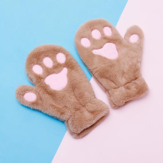 1 Pair Women Winter Mittens Cartoon Cat Paw Shape Thick Plush Anti-slip Heat Retention Outdoor Skiing Cycling Gloves