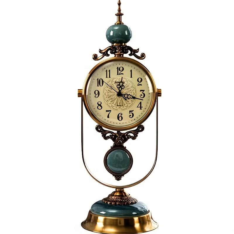 Vintage Luxury Iron Art Table Clock with Crackled Green Glass Dome Silent, Battery Powered Home Decor Accent, Golden Ornate Design for Living Room