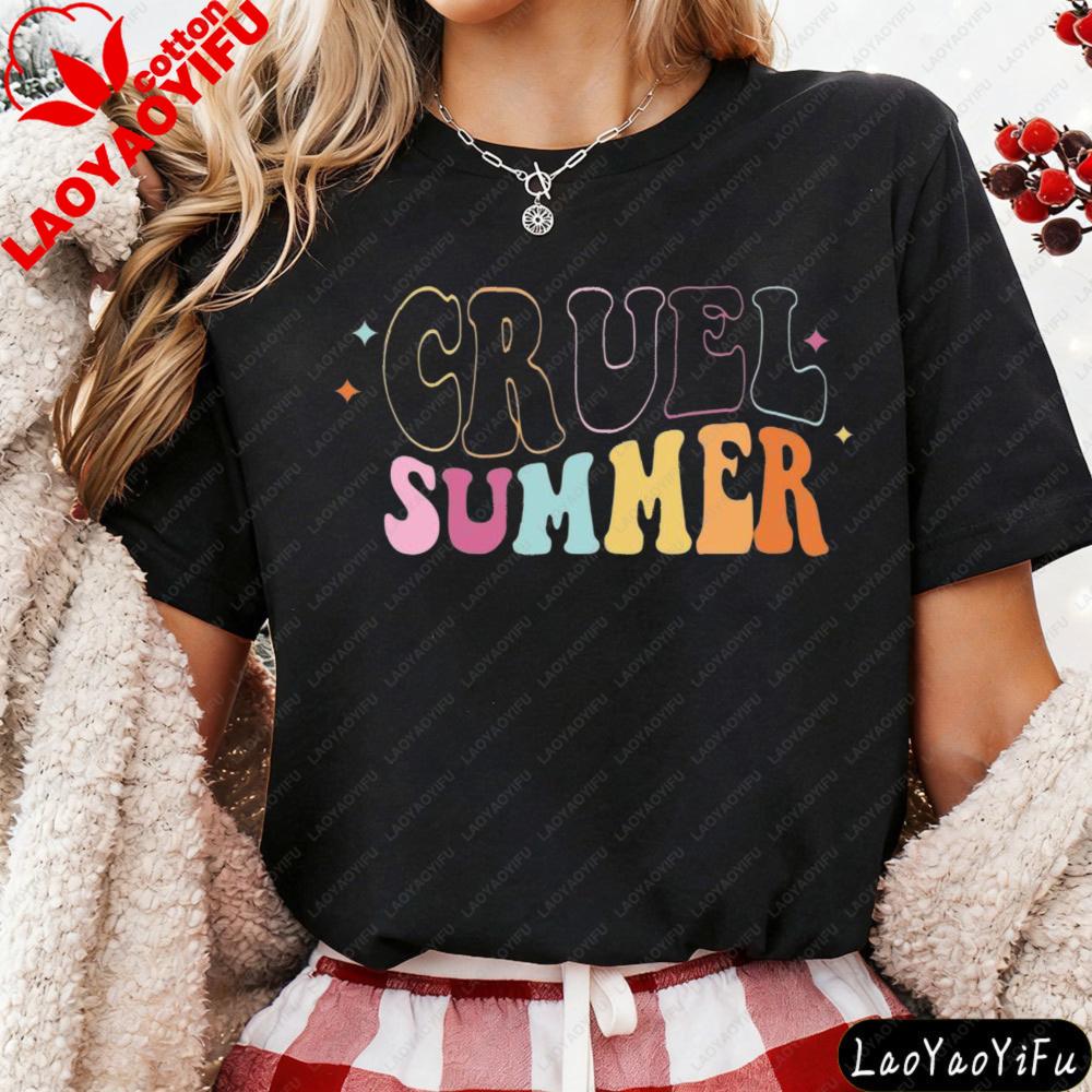 Cruel Summer Retro Groovy Schriftzug Grafik T-Shirt Modern und Trendig Unisex Baumwolle Kurzarm Sommer Lässig Alltag T-Shirt