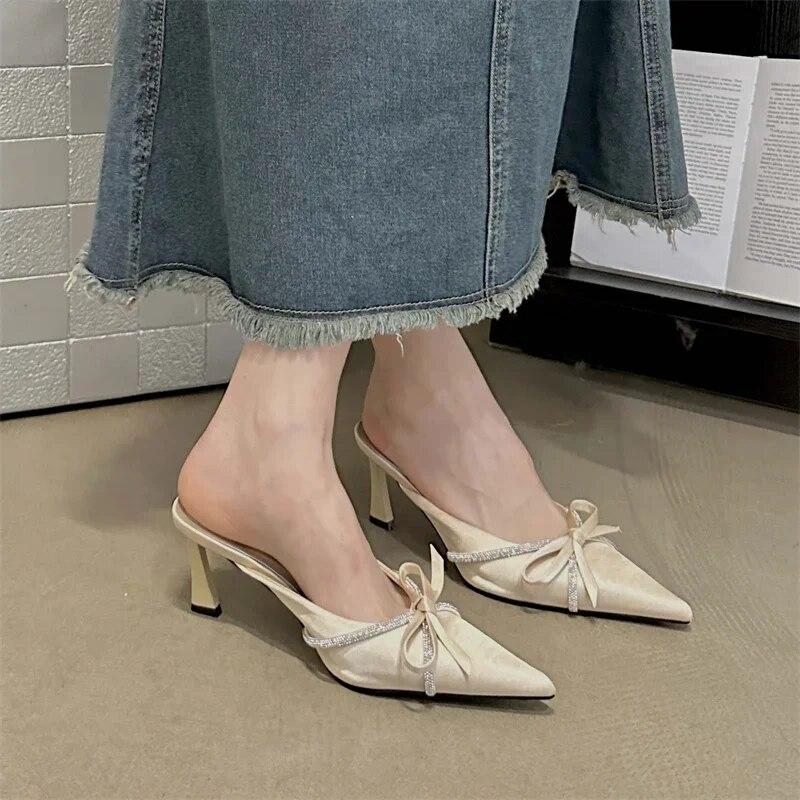 Eilyken Butterfly-knot Woman Slippers Pumps Design Style Low Heels Ladies Pointed Toe Shoes Mules Crystal Slides