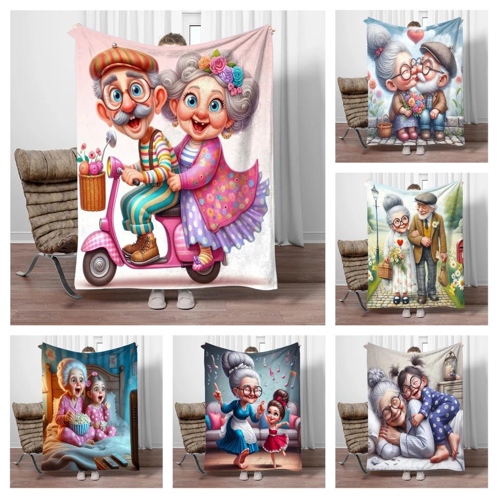 Cartoon-Opa und -Oma Flanelldecke Weich Warm Halten Überwurfdecke Decke Für Sofa Bett Büro Camping Reisen Geschenke
