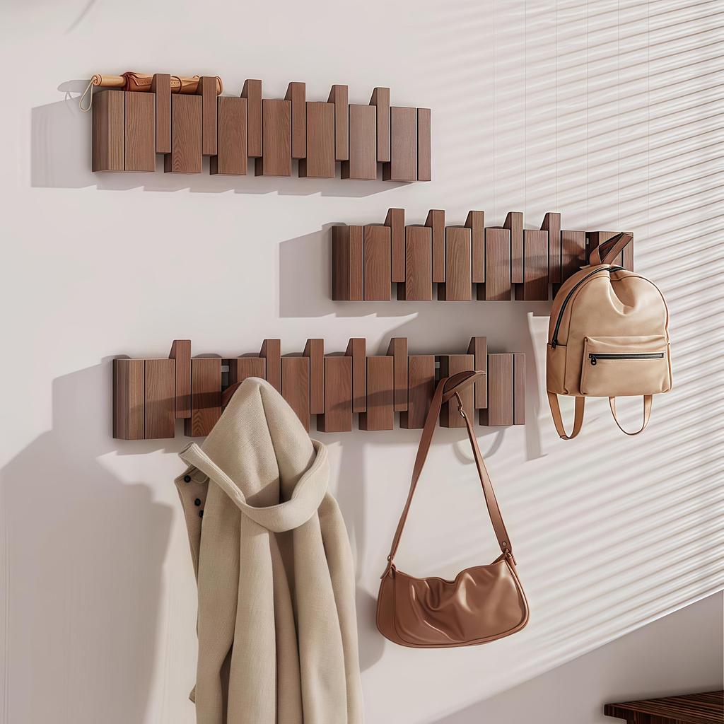 [Wall-Mounted Coat Rack] 1pc Natural Wood Wall-Mounted Coat Rack with Hooks -Piano-Shaped Accordion Design,Walnut Finish,Space-Saving Vertical Storage
